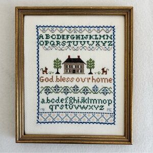 Vintage Needlepoint Cross Stitch Framed Alphabet God Bless Our Home Sampler